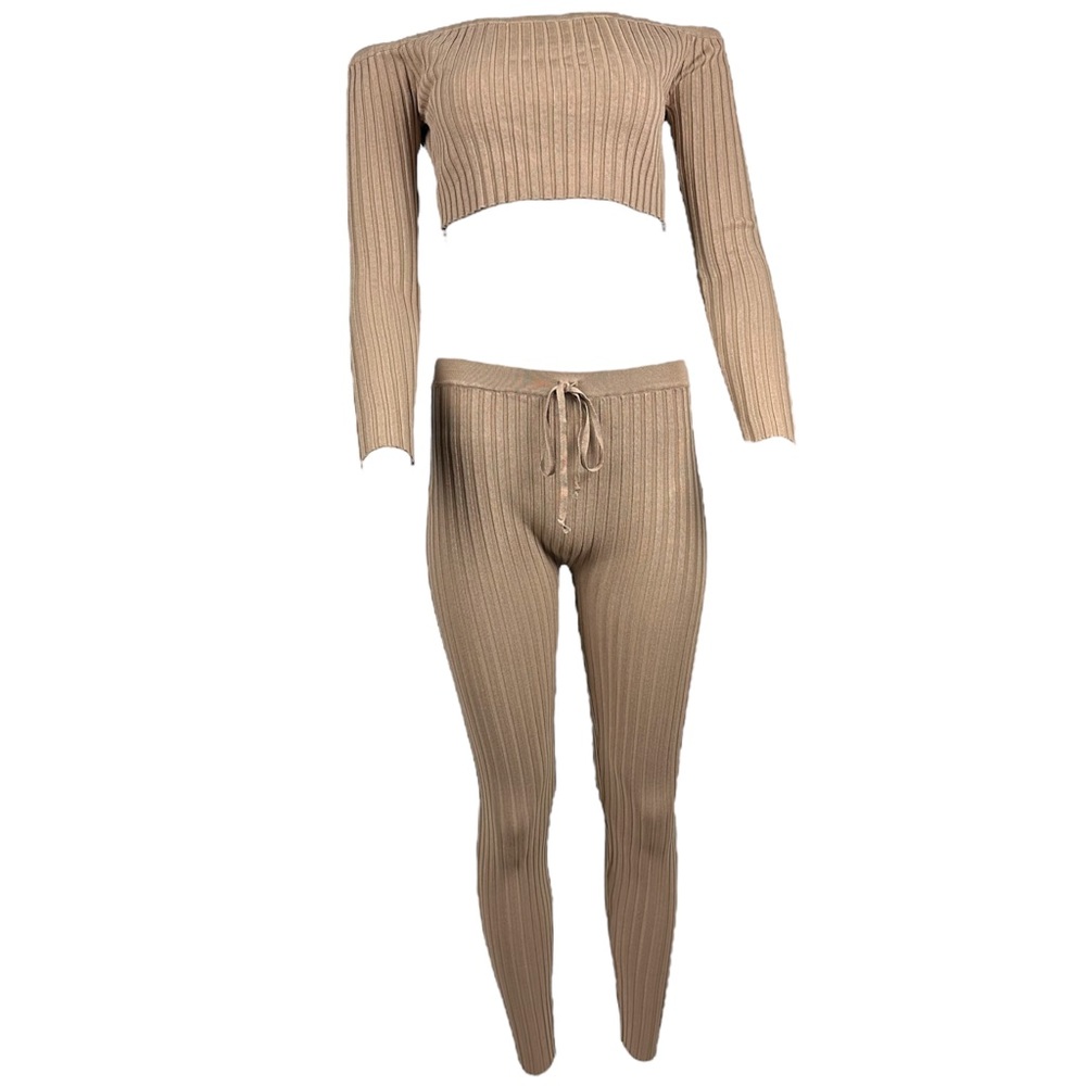 Two Piece Ribbed Leggings Set Tan